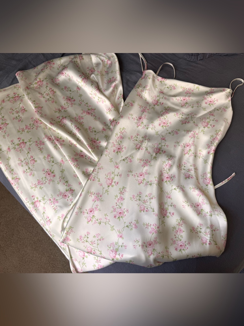 New Floral Satin Slip Dress in Cream with Pink Blossoms